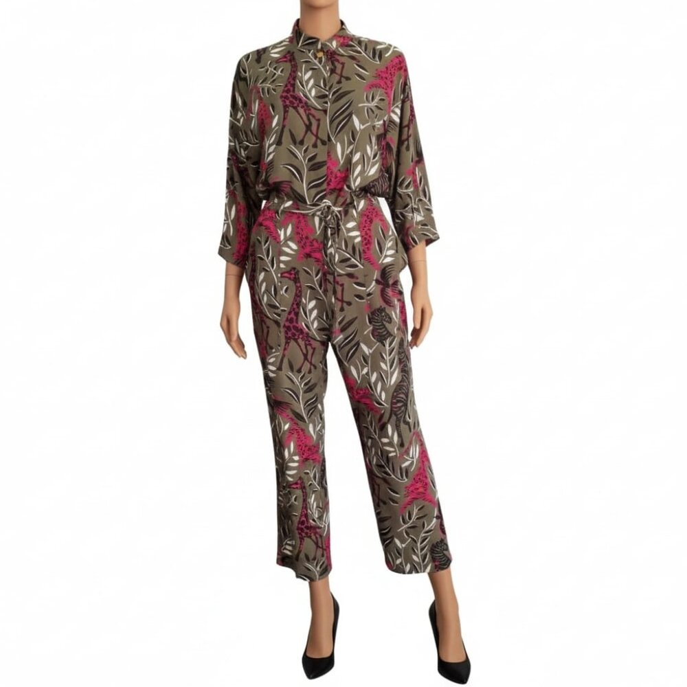 Escada Sport Jumpsuit Belted Silk Cropped Safari Animals Giraffe Tiger Womens 36